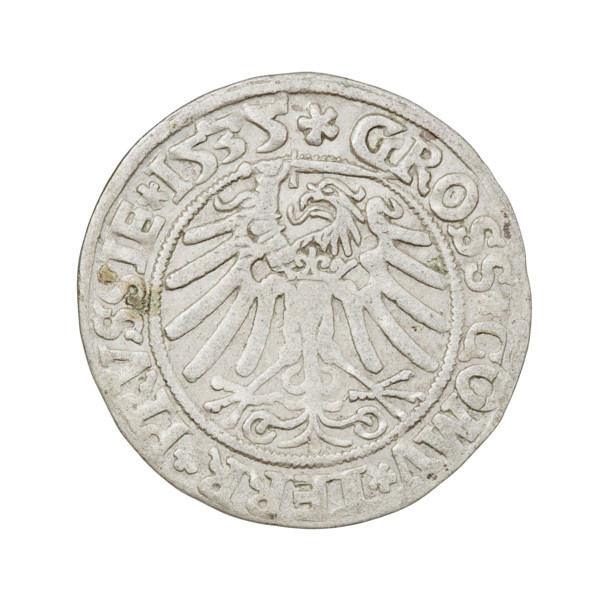Prussian grosz, Sigismund I the Old (King of Poland; 1506–1548); silver coin (grosz), 1535.