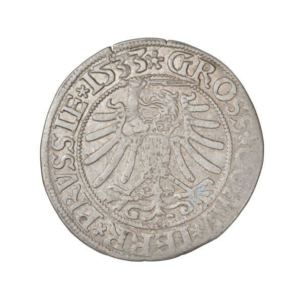 Prussian grosz, Sigismund I the Old (King of Poland; 1506–1548); obverse: crowned male bust in