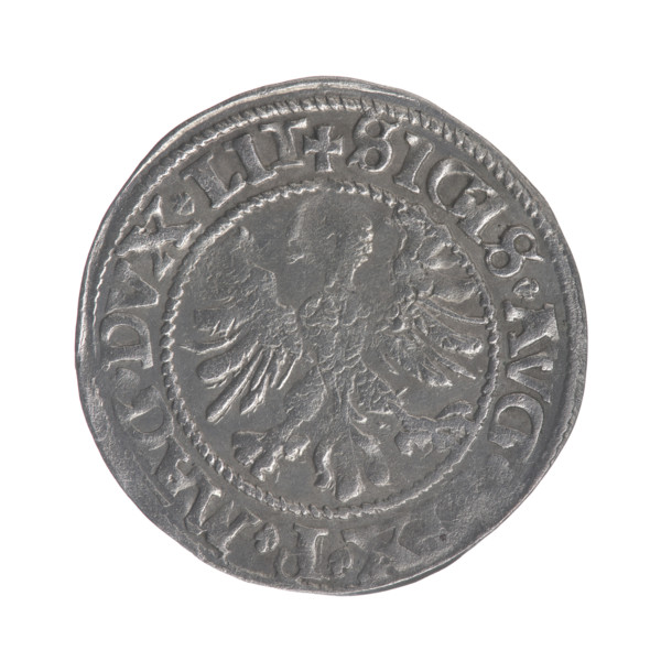 Lithuanian half-grosz, Sigismund II Augustus (King of Poland; 1544–1572). Obverse: Polish Eagle; in