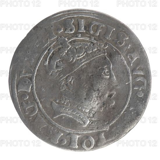 Lithuanian grosz (1546) — obverse: crowned male bust in armour, profile to right, rim inscription