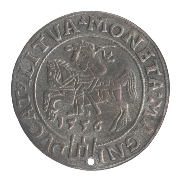 Lithuanian grosz, 1556. Obverse: crowned male bust in armour facing right, rim inscription divided