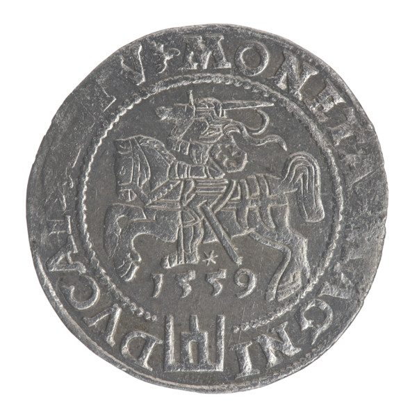 Lithuanian grosz, 1559. Obverse: crowned male bust in armour turned right; rim inscription divided