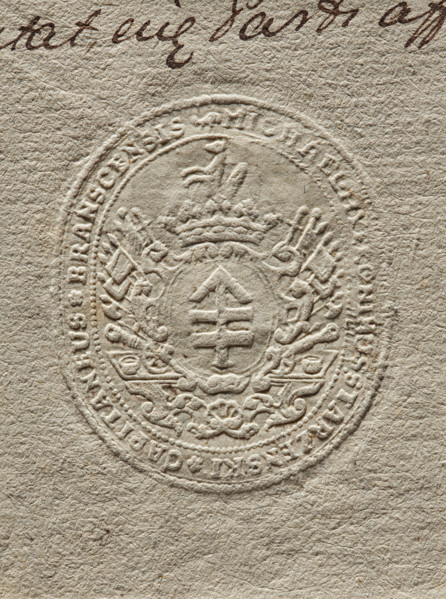 Oval dry impression of the seal of Michal Hieronim Starzenski, Starost of Bransk. The Lis coat of