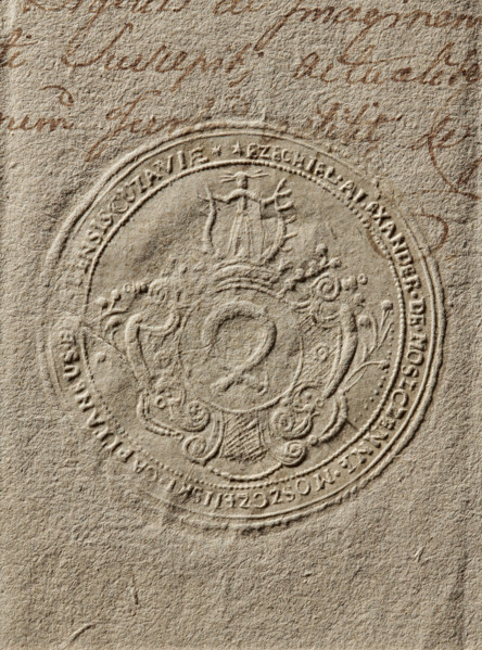 Round dry impression of the seal of Ezekiel Aleksander of Moszczenna Moszczenski, starost of