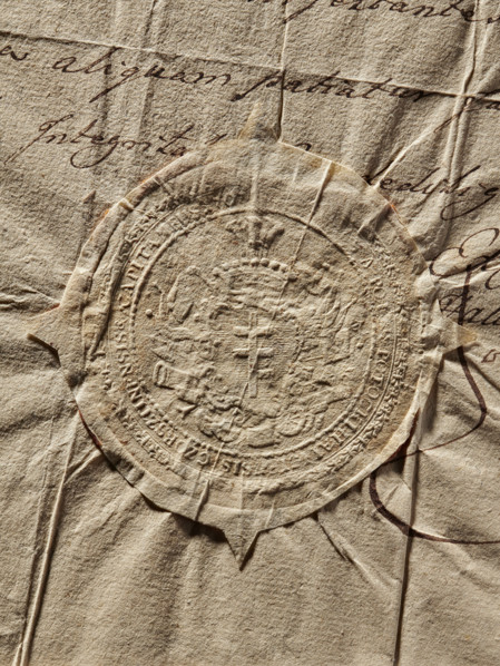 Seal of Count Stanislaw Potocki, Starost of Czorsztyn. Oval seal impression. The Pilawa coat of
