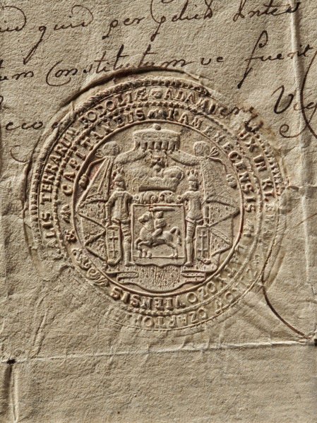Round seal impression of Prince Adam Czartoryski, Starost of Kamieniec. Shield with the Pogon coat