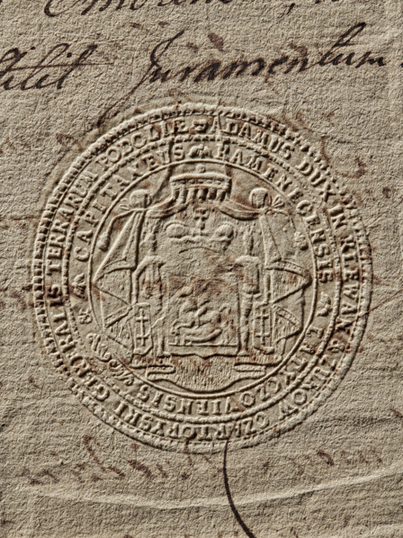 Round seal impression of Prince Adam Czartoryski, Starost of Kamieniec. Shield with the Pogon coat