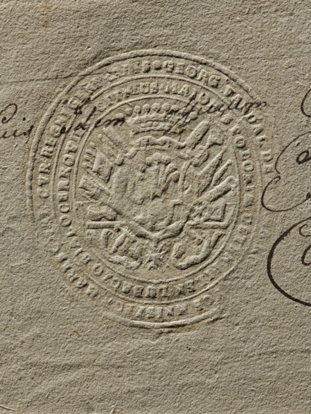 Seal of Jerzy Wandalin Mniszech, Starost of Uj. Oval seal impression in a decorative cartouche with