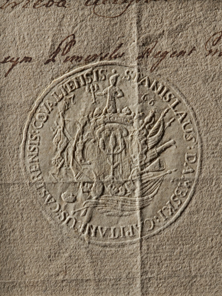 Round seal impression of the starost of Kowal, Stanislaw Dambski. In a decorative cartouche with a