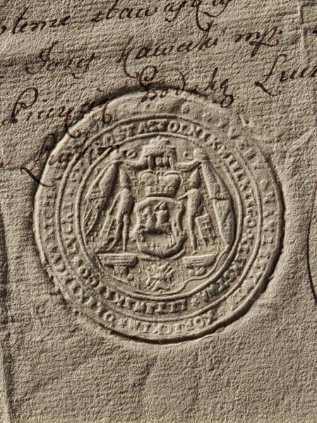 Seal of Józef Klemens Czartoryski, Starost of Luck; round imprint. A shield with the Pogon coat of