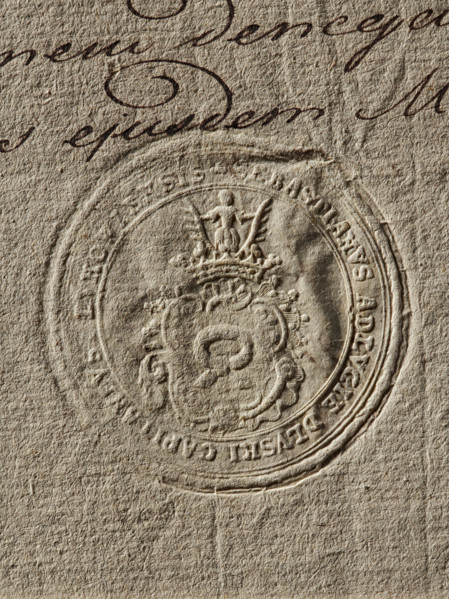 Seal of Sebastian Dluski, starost of Luków; round seal impression. On the decorative shield, the