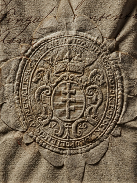 Oval impression of the seal of Joachim Potocki, starost of Lviv. On a decorative oval shield with a