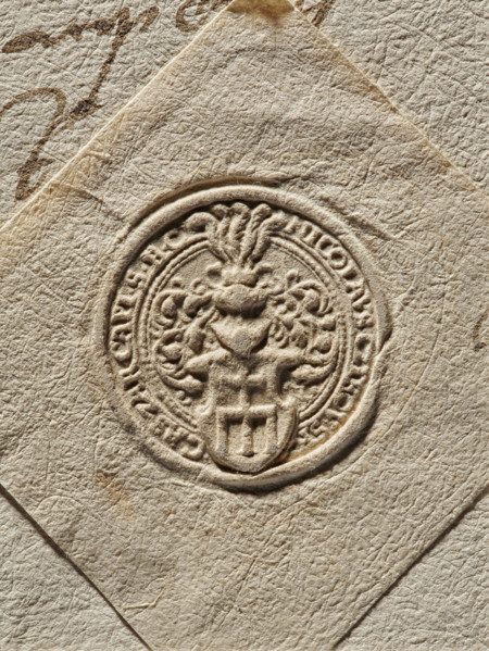 Seal of Mikolaj Cikowski of Cikowice, Starost of Sanok. Round seal impression. Shield with the