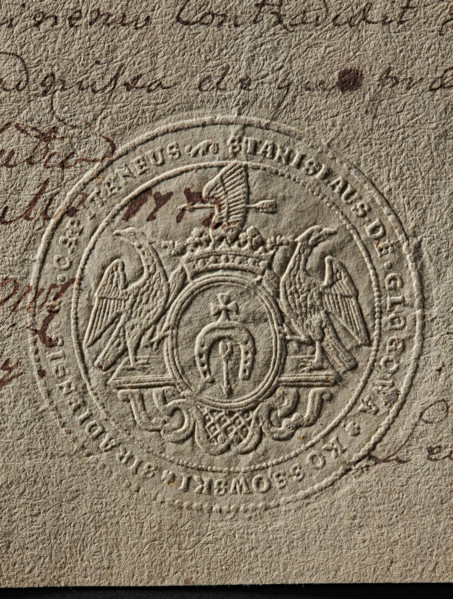 Seal of Stanislaw Kossowski, Starost of Sieradz. Round seal impression. Oval shield with the Dolega