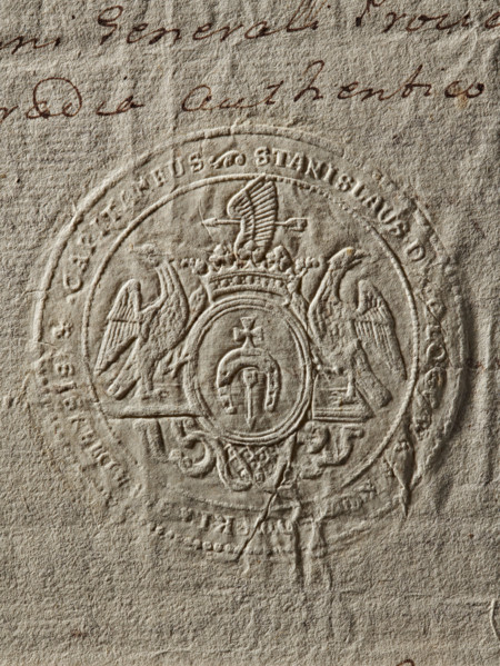 Seal of Stanislaw Kossowski, Starost of Sieradz. Round seal impression. Oval shield with the Dolega