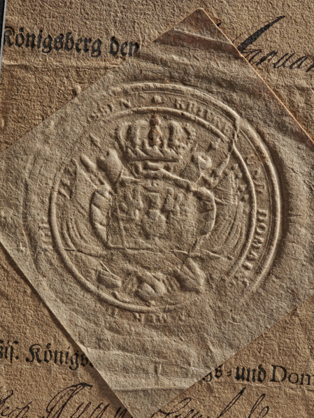 dry impression of an oval royal seal depicting an eagle with spread wings, royal camera seal, royal