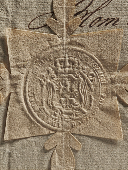 Round seal impression of the Prussian Admiralty in Königsberg. Decorative crowned coat of arms: a