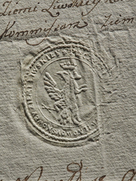 Seal of the Civil-Military Order Commission of the Liw Land, dry impression, document seal. Round