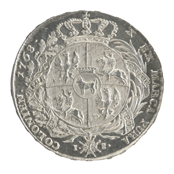 Crown thaler by Justyn Schröder (Mintmaster of the Warsaw Mint 1768–1772), 1768. Obverse: Head of