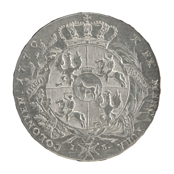 Crown thaler; maker: Justyn Schröder (Mintmaster of the Warsaw Mint 1768–1772); ruler: Stanislaw