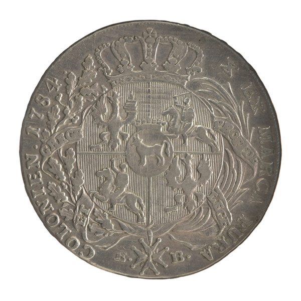 Crown thaler by Efraim Brenn (fl. 1774–1792), 1784. Obverse: Head of Stanislaw August Poniatowski