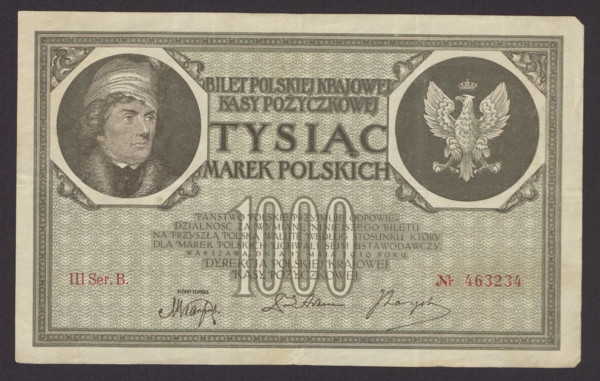1000 Polish marks banknote (1919). Obverse: decorative medallion at left with image of Tadeusz