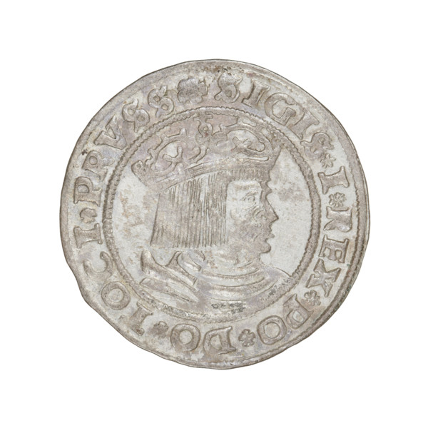 Prussian grosz, Sigismund I the Old (King of Poland; 1506–1548). Obverse: Crowned male bust in
