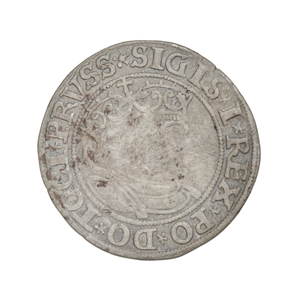 Prussian grosz, Sigismund I the Old (King of Poland; 1506–1548). Obverse: Crowned male bust in