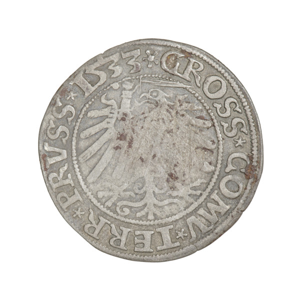 Prussian grosz, Sigismund I the Old (King of Poland; 1506–1548). Obverse: crowned male bust in