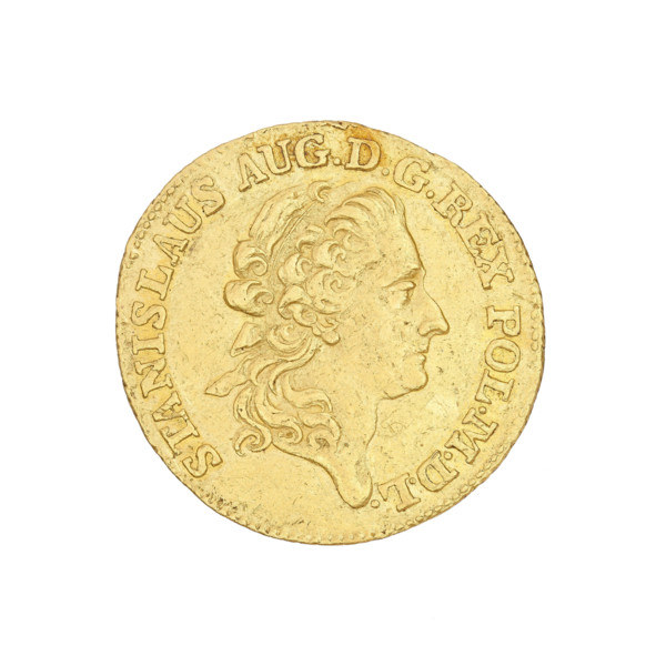 Crown ducat, minted by Efraim Brenn (mint master, 1741–1792). Obverse: head of King Stanislaw