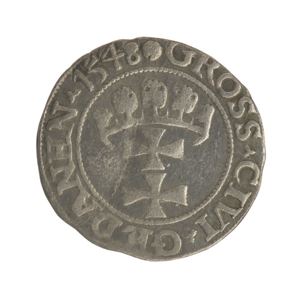 Gdansk grosz, Sigismund I the Old (King of Poland; 1506–1548). Silver coin, 1548. Obverse: Crowned