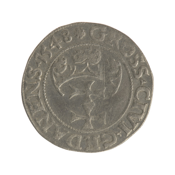 Gdansk grosz, Sigismund I the Old (King of Poland; 1506–1548). Polish coin (1548). Obverse: Crowned