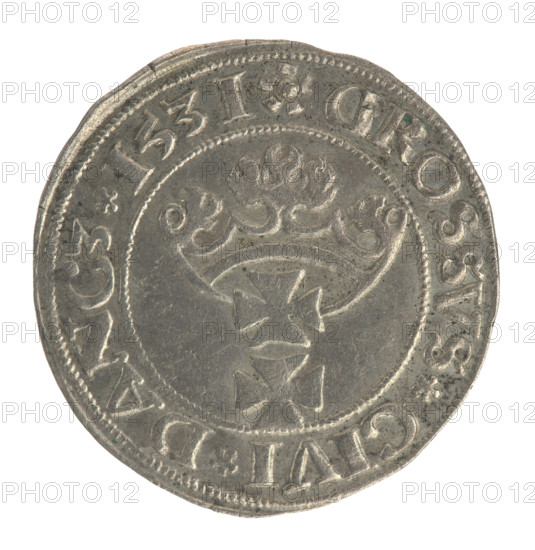 Gdansk grosz, Sigismund I the Old (King of Poland; 1506–1548). Silver coin, 1531. Obverse: Crowned