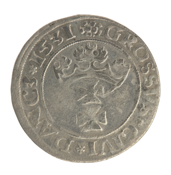 Gdansk grosz, Sigismund I the Old (King of Poland; 1506–1548). Polish coin, Jagiellon dynasty.