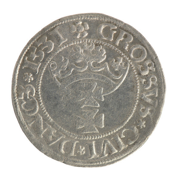 Gdansk grosz, Sigismund I the Old (King of Poland; 1506–1548). Silver coin (grosz), 1531. Obverse:
