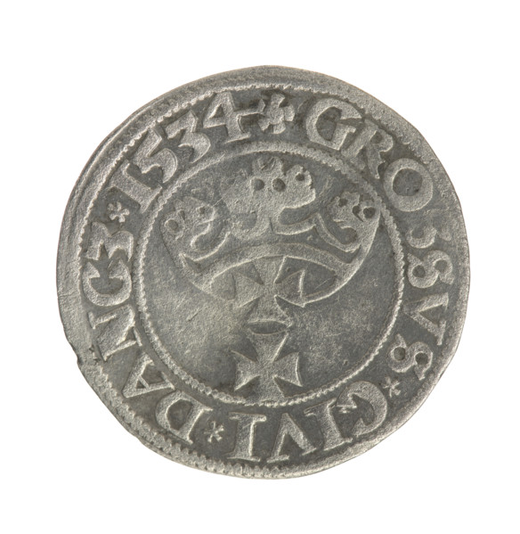 Gdansk grosz, Sigismund I the Old (King of Poland; 1506–1548). Polish coin, Jagiellon dynasty.