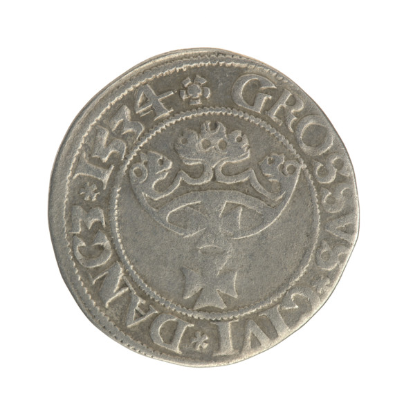 Gdansk grosz, Sigismund I the Old (King of Poland; 1506–1548). Polish coin, Jagiellon dynasty.