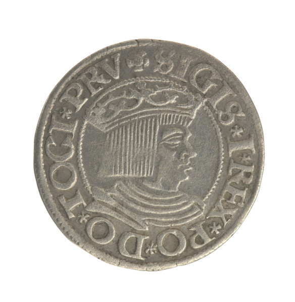 Gdansk grosz, Sigismund I the Old (King of Poland; 1506–1548). Obverse: Crowned male bust in