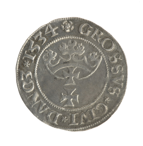 Gdansk grosz, Sigismund I the Old (King of Poland; 1506–1548). Polish coin, Jagiellon dynasty.