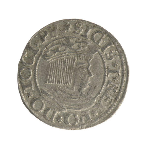 Gdansk grosz coin of Sigismund I the Old (King of Poland, reign 1506–1548). Obverse: Crowned male