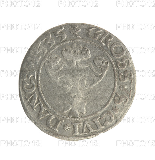 Gdansk grosz, Sigismund I the Old (King of Poland; 1506–1548). Silver coin (grosz), 1535. Obverse: