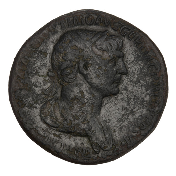 Sestertius, Trajan (53–117; Roman emperor 98–117). Obverse: head of Trajan in laurel wreath facing