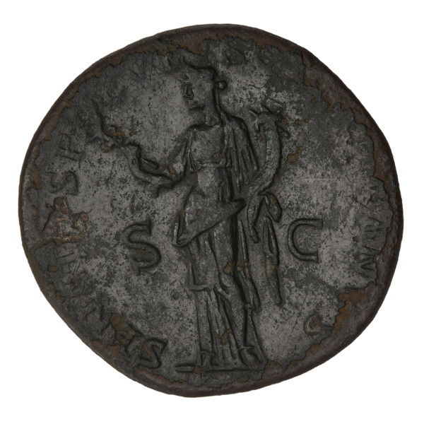 Sestertius of Trajan (53–117; Roman emperor 98–117). Obverse: head of Trajan in a laurel wreath