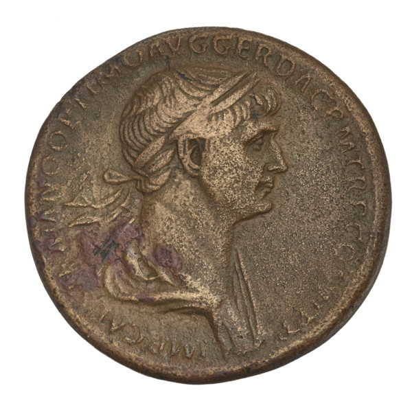sestertius, Trajan (53–117; Roman emperor 98–117); obverse: head of Trajan in laurel wreath facing
