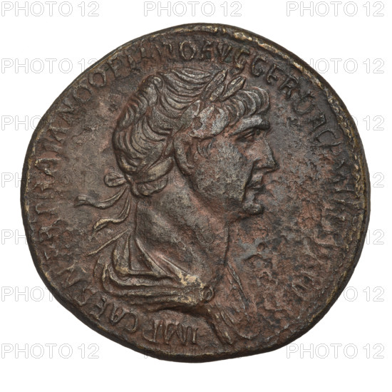 Sestertius, Trajan (53–117; Roman emperor 98–117). Obverse: head of Trajan in laurel wreath facing