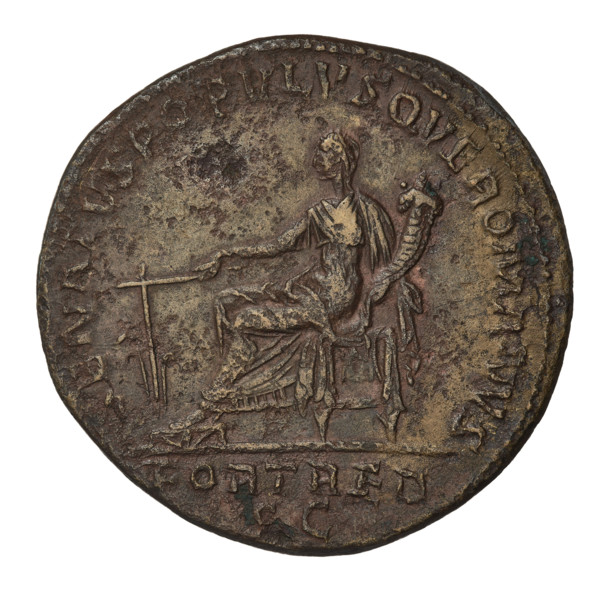 sestertius, Trajan (53–117; Roman emperor 98–117); Fortuna (personification) with horn of plenty