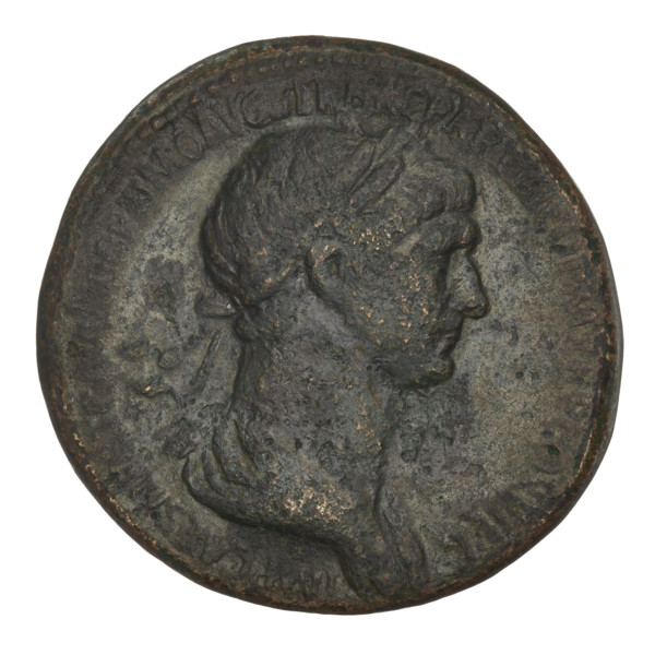 Sestertius, Trajan (53–117; Roman emperor 98–117). Bronze coin, weight 24.45 g, dated 116–117.
