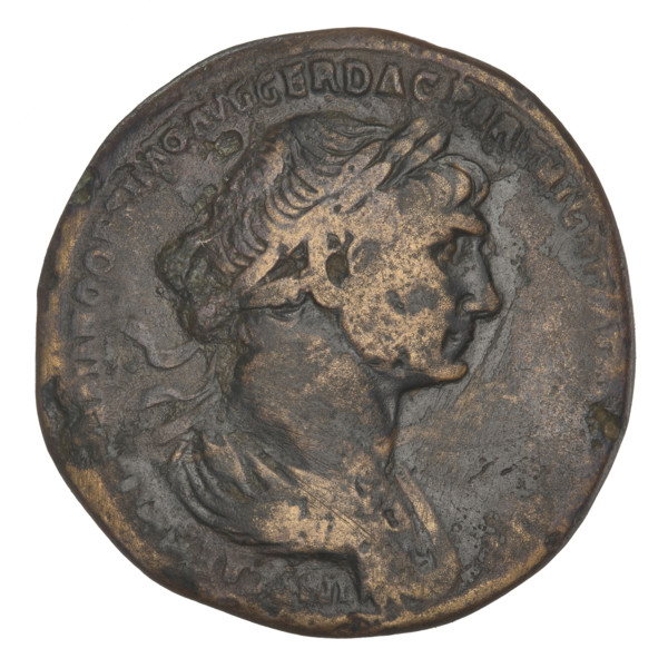 Sestertius of Trajan (53–117; Roman emperor 98–117). Bronze coin, weight 24.70 g, Roman Empire,