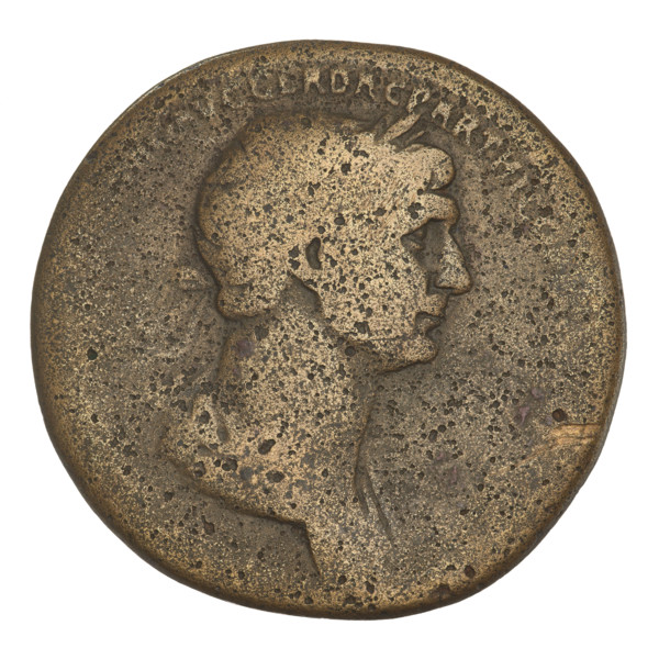 Sestertius, Trajan (53–117; Roman emperor 98–117). Obverse: bust of Trajan with laurel wreath