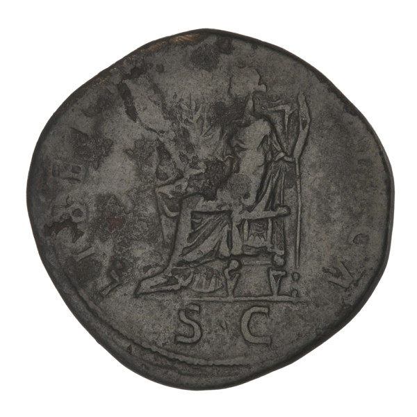 Sestertius of Hadrian (76–138; Roman emperor 117–138). Obverse: Bust of Hadrian with a laurel